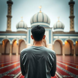 A young man with his back to the camera in a contemplative pose, engaged in prayer at Jamkaran Mosque