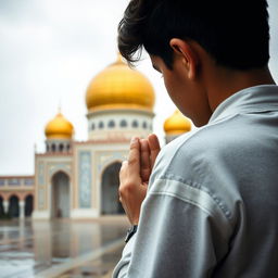 A young man standing with his back to the camera, engaged in a moment of intimate prayer at Jamkaran Mosque