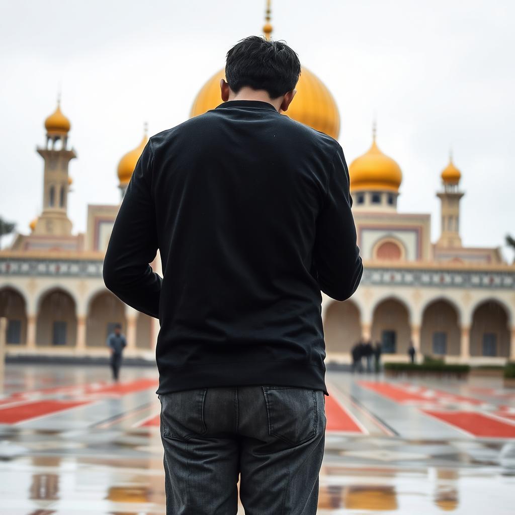 A young man standing with his back to the camera, engaged in a moment of intimate prayer at Jamkaran Mosque