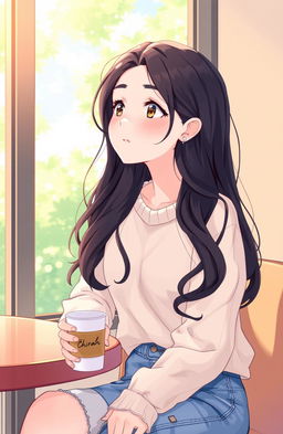 A vibrant illustration depicting Shiera, a high school girl, sitting at a cafe table, lost in thought