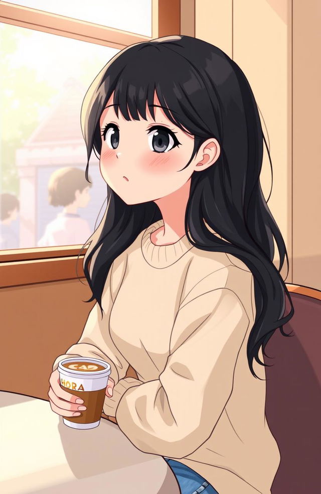 A vibrant illustration depicting Shiera, a high school girl, sitting at a cafe table, lost in thought