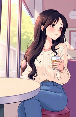 A vibrant illustration depicting Shiera, a high school girl, sitting at a cafe table, lost in thought