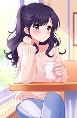 A vibrant illustration depicting Shiera, a high school girl, sitting at a cafe table, lost in thought