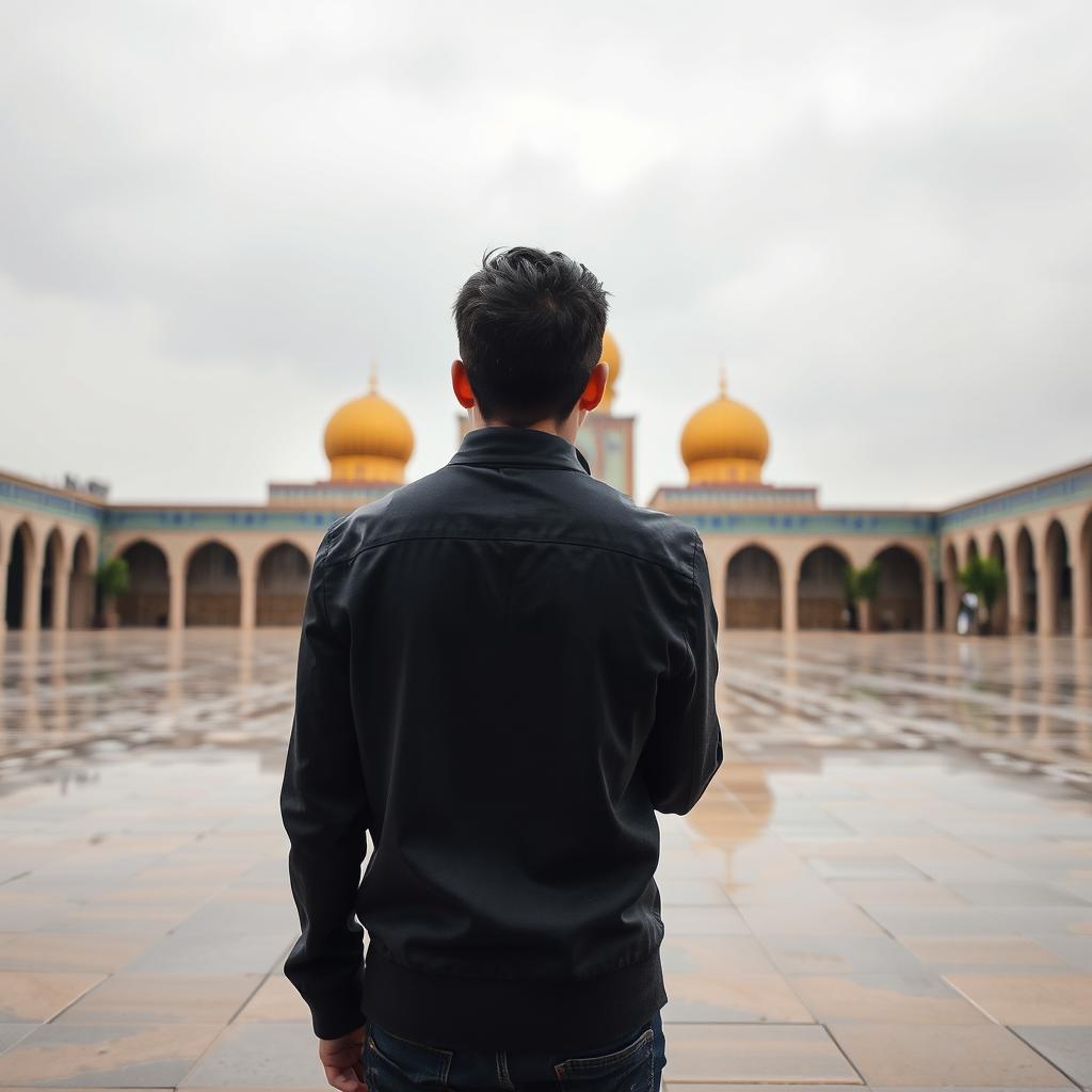 A young man standing with his back to the camera, engaged in a moment of intimate prayer in the courtyard of Jamkaran Mosque in Iran