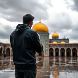 A young man standing with his back to the camera, engaged in a moment of intimate prayer in the courtyard of Jamkaran Mosque in Iran