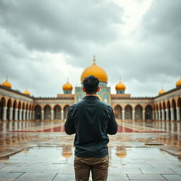 A young man standing with his back to the camera, engaged in a moment of intimate prayer in the courtyard of Jamkaran Mosque in Iran