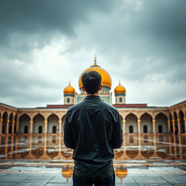 A young man standing with his back to the camera, engaged in a moment of intimate prayer in the courtyard of Jamkaran Mosque in Iran