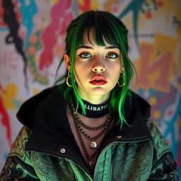 A striking portrait of Billie Eilish, capturing her unique style and personality