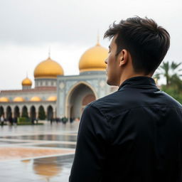 A young man standing with his back to the camera, immersed in a moment of prayer at the Jamkaran Mosque in Iran