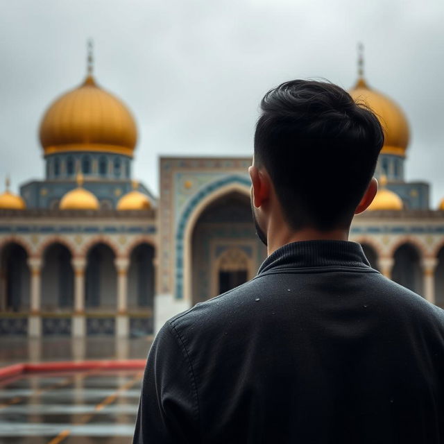 A young man standing with his back to the camera, immersed in a moment of prayer at the Jamkaran Mosque in Iran