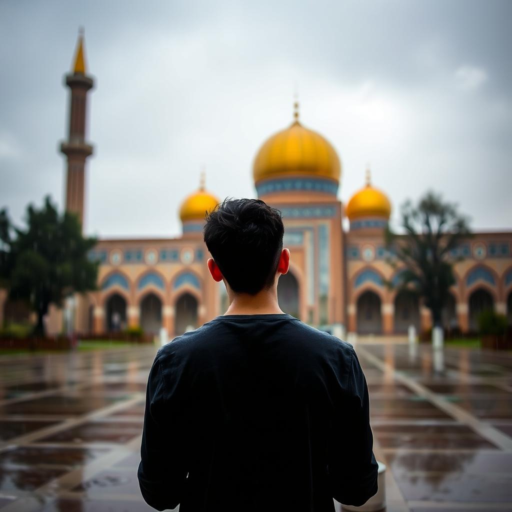 A young man standing with his back to the camera, immersed in a moment of prayer at the Jamkaran Mosque in Iran