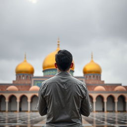 A young man standing with his back to the camera, immersed in a moment of prayer at the Jamkaran Mosque in Iran