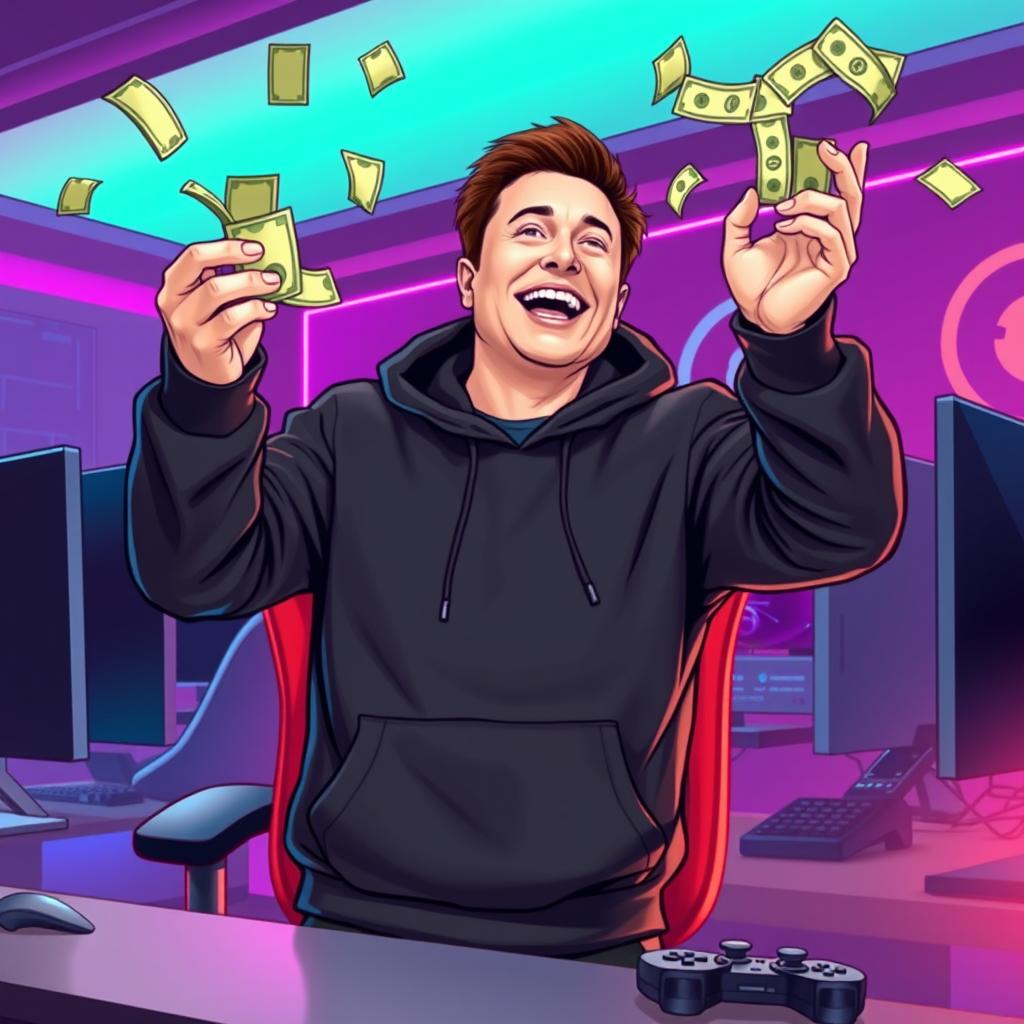A vector-style illustration of Elon Musk, depicted as a gamer, wearing a black hoodie and joyfully throwing a handful of money into the air
