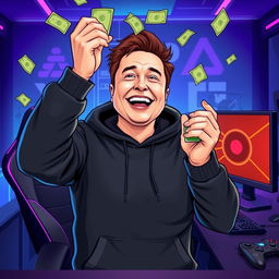 A vector-style illustration of Elon Musk, depicted as a gamer, wearing a black hoodie and joyfully throwing a handful of money into the air