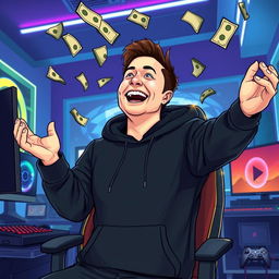 A vector-style illustration of Elon Musk, depicted as a gamer, wearing a black hoodie and joyfully throwing a handful of money into the air