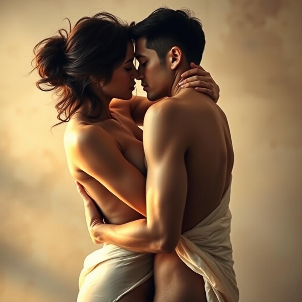 A sensual and intimate scene depicting two adult figures entwined in a passionate embrace, showcasing a respectful and artistic representation of connection and desire