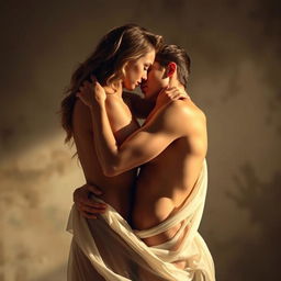 A sensual and intimate scene depicting two adult figures entwined in a passionate embrace, showcasing a respectful and artistic representation of connection and desire