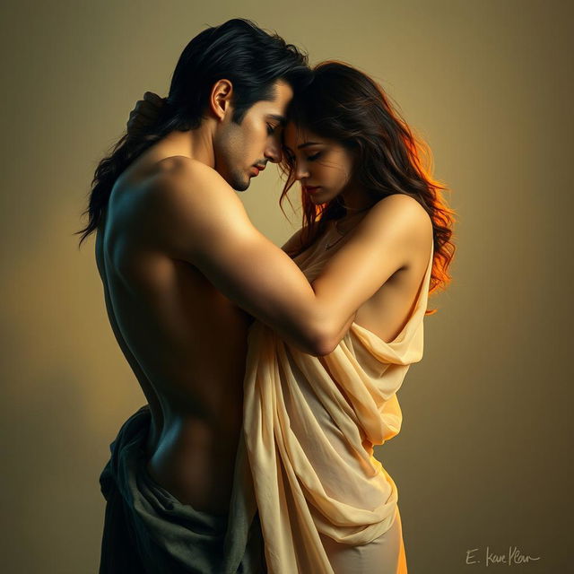 A sensual and intimate scene depicting two adult figures entwined in a passionate embrace, showcasing a respectful and artistic representation of connection and desire