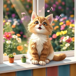 A cute, fluffy cat with big, expressive eyes sitting on a colorful windowsill, singing joyfully