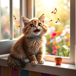 A cute, fluffy cat with big, expressive eyes sitting on a colorful windowsill, singing joyfully