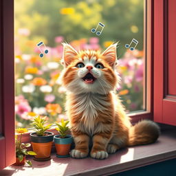 A cute, fluffy cat with big, expressive eyes sitting on a colorful windowsill, singing joyfully