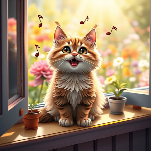 A cute, fluffy cat with big, expressive eyes sitting on a colorful windowsill, singing joyfully