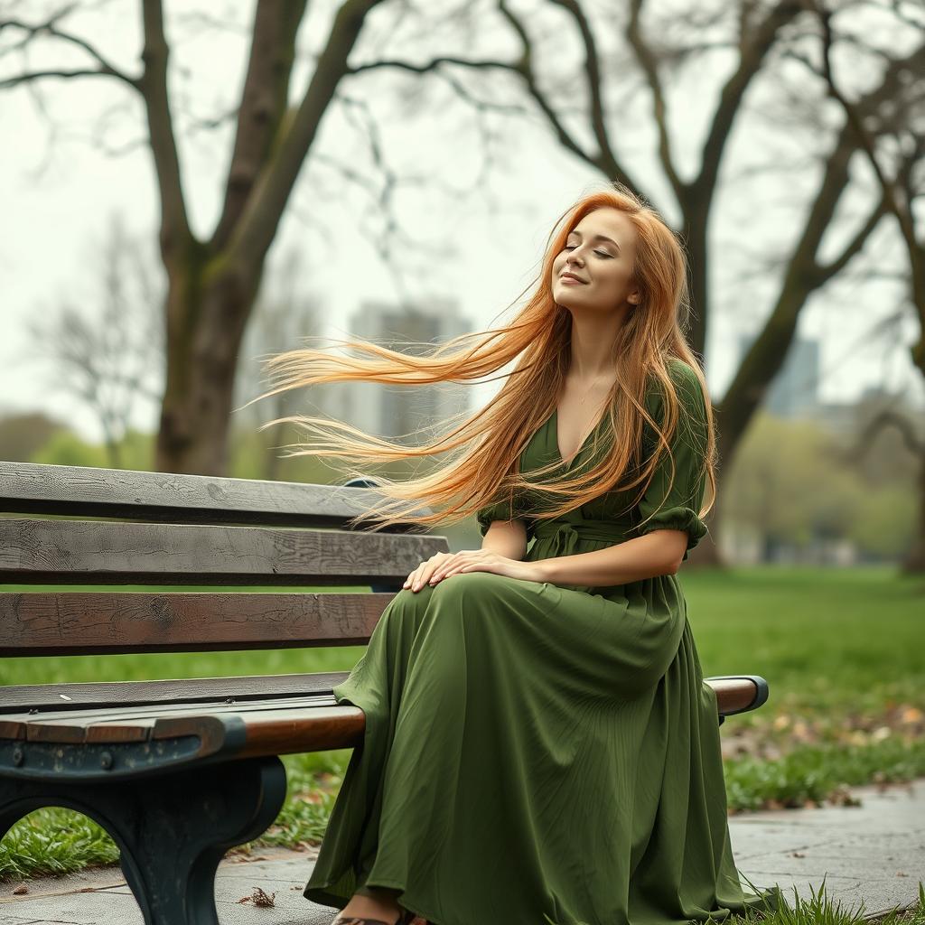 A captivating scene of a woman with golden hair, dressed in a long green dress, creating a mesmerizing image in nature