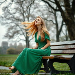A captivating scene of a woman with golden hair, dressed in a long green dress, creating a mesmerizing image in nature