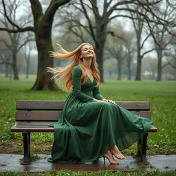 A captivating scene of a woman with golden hair, dressed in a long green dress, creating a mesmerizing image in nature