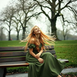 A captivating scene of a woman with golden hair, dressed in a long green dress, creating a mesmerizing image in nature
