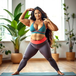 A thick Latina woman wearing a stylish, colorful yoga outfit, striking a confident yoga pose in a bright and serene studio environment