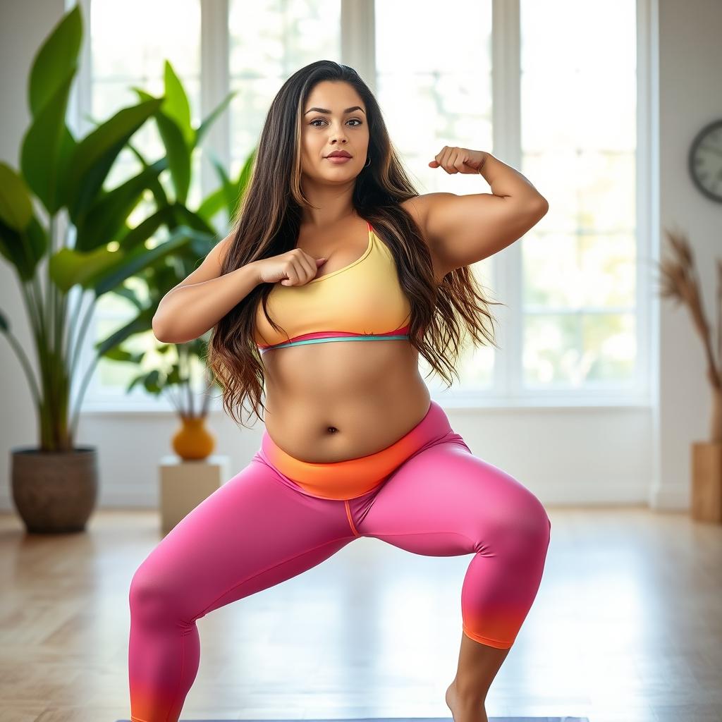 A thick Latina woman wearing a stylish, colorful yoga outfit, striking a confident yoga pose in a bright and serene studio environment