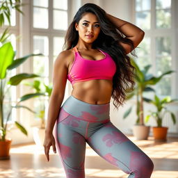 A thick Latina woman wearing a stylish, colorful yoga outfit, striking a confident yoga pose in a bright and serene studio environment