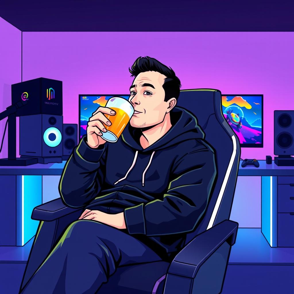 A stylized vector illustration of a male character resembling Elon Musk, dressed in a black hoodie, comfortably seated in a sleek, modern gamer chair
