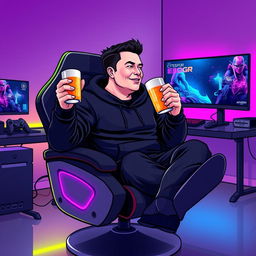 A stylized vector illustration of a male character resembling Elon Musk, dressed in a black hoodie, comfortably seated in a sleek, modern gamer chair