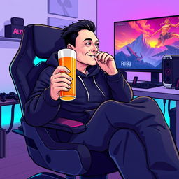 A stylized vector illustration of a male character resembling Elon Musk, dressed in a black hoodie, comfortably seated in a sleek, modern gamer chair