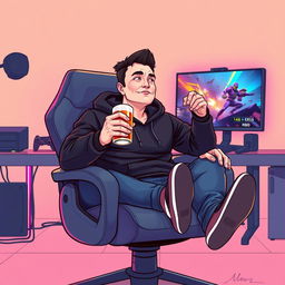 A stylized vector illustration of a male character resembling Elon Musk, dressed in a black hoodie, comfortably seated in a sleek, modern gamer chair