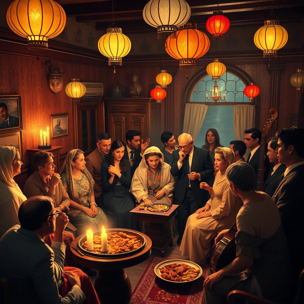 A vibrant party scene set in a traditional old house in Tehran during the year 1950