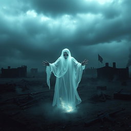 A haunting image capturing the essence of a ghost in a war-torn landscape