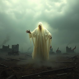 A haunting image capturing the essence of a ghost in a war-torn landscape