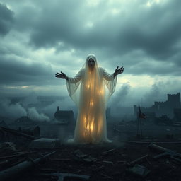 A haunting image capturing the essence of a ghost in a war-torn landscape