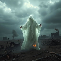 A haunting image capturing the essence of a ghost in a war-torn landscape
