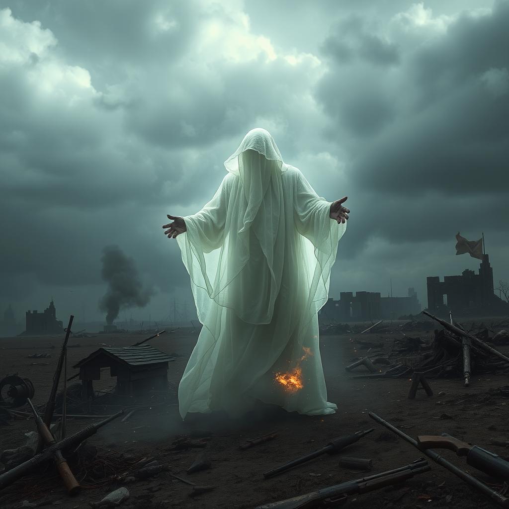 A haunting image capturing the essence of a ghost in a war-torn landscape