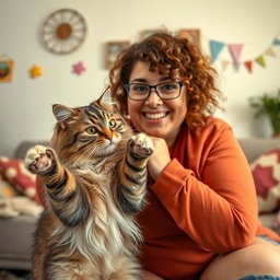 A humorous scene of a playful cat with one paw, looking mischievous as it bites gently onto the arm of its chubby female owner