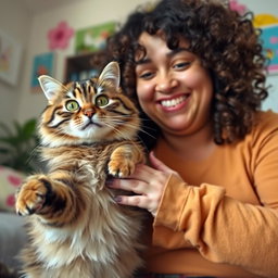 A humorous scene of a playful cat with one paw, looking mischievous as it bites gently onto the arm of its chubby female owner