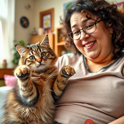 A humorous scene of a playful cat with one paw, looking mischievous as it bites gently onto the arm of its chubby female owner