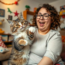 A humorous scene of a playful cat with one paw, looking mischievous as it bites gently onto the arm of its chubby female owner