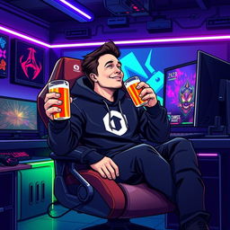 A vivid vector illustration of a male character inspired by Elon Musk, wearing a black hoodie, seated comfortably in a high-tech gamer chair