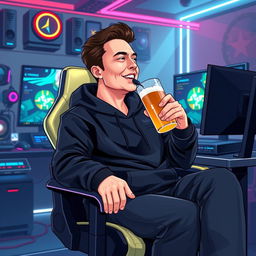 A vivid vector illustration of a male character inspired by Elon Musk, wearing a black hoodie, seated comfortably in a high-tech gamer chair
