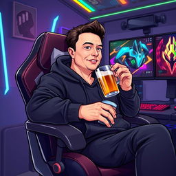 A vivid vector illustration of a male character inspired by Elon Musk, wearing a black hoodie, seated comfortably in a high-tech gamer chair